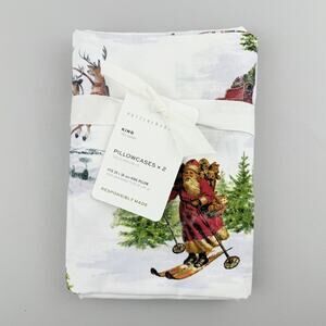 Pottery Barn Pillowcases Set of 2 KING Nostalgic Santa 100% Cotton Christmas